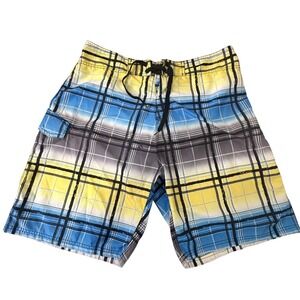 Kanu Surf Mens Blue Yellow Plaid Board Shorts Swim Trunks Size 36 Cargo Pocket